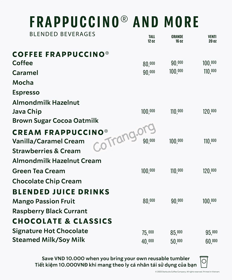 Menu Starbucks Huế