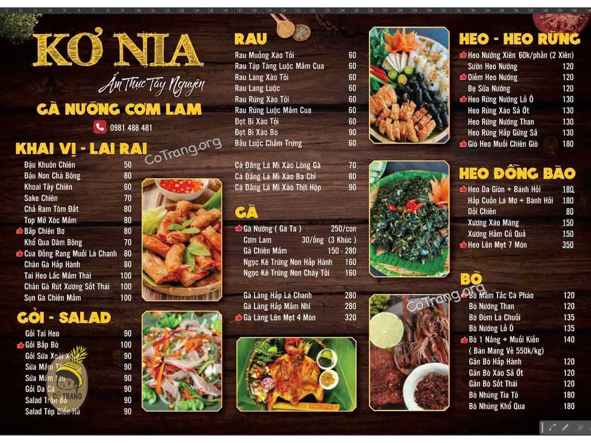 Menu tại Ẩm thực Kơ Nia - Cơm Lam Gà Nướng Gia Lai