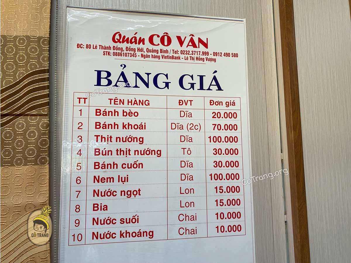 Menu tại Bánh Bèo Cô Vân - Đồng Hới