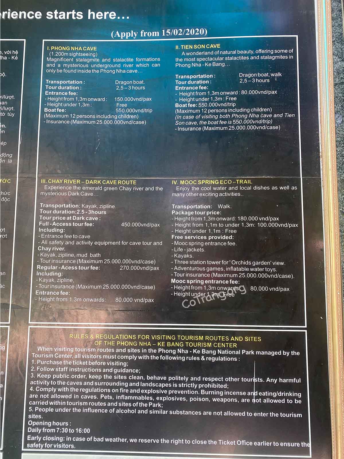 Giá vé Động Phong Nha Quảng Bình