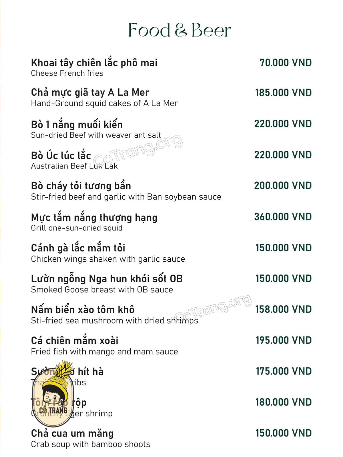 Menu tại A La Mer Restaurant Đà Nẵng
