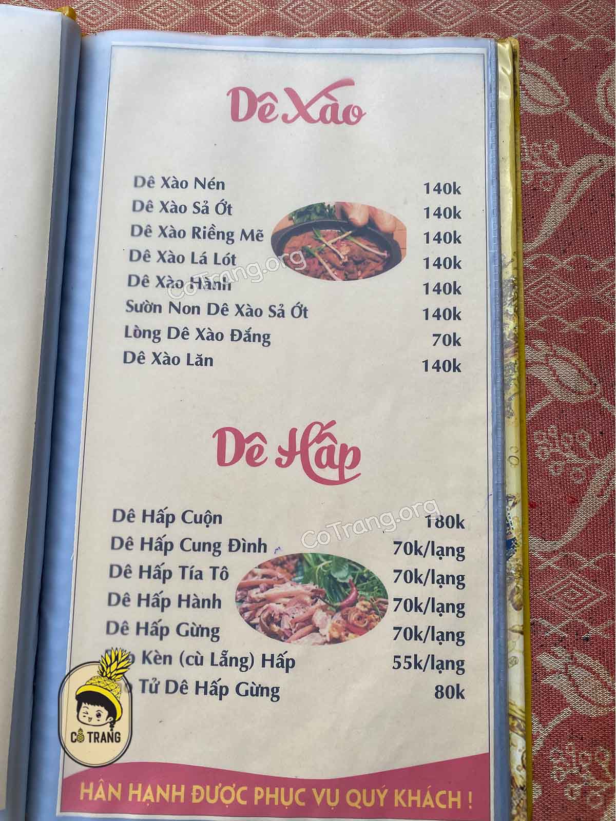 Menu món ăn tại Quán Dê Tươi Tài Ký