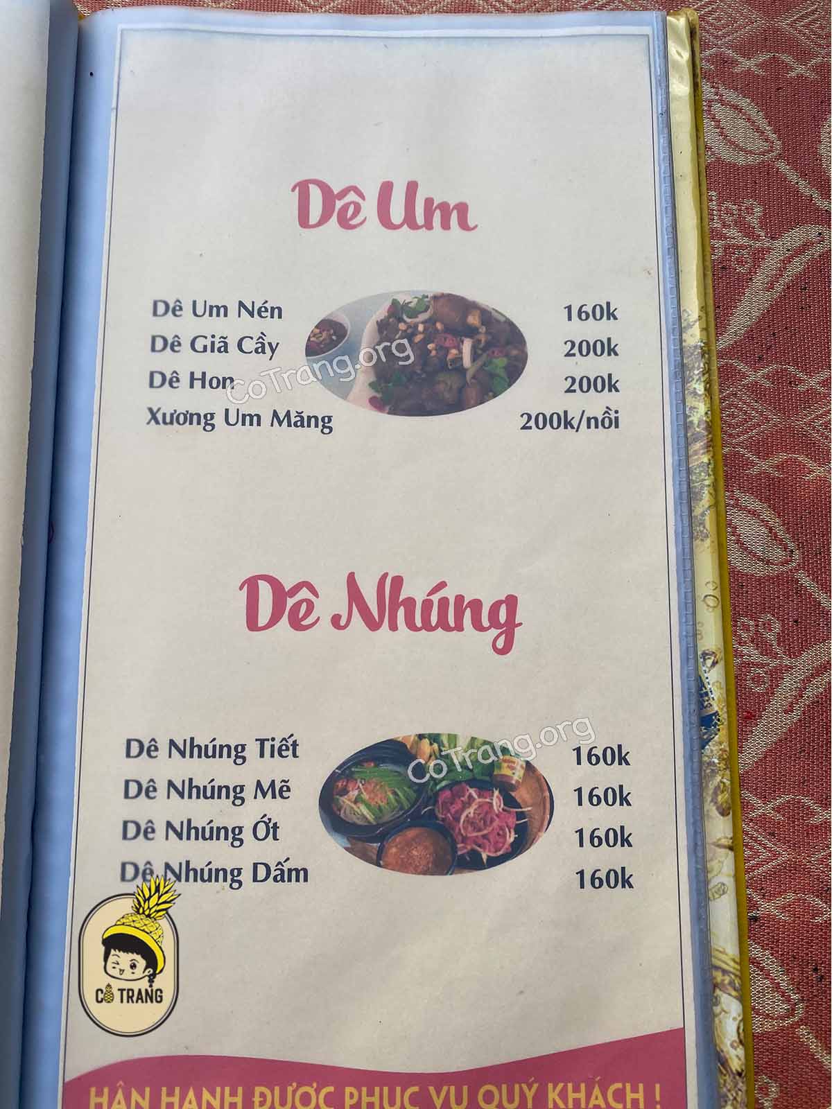 Menu món ăn tại Quán Dê Tươi Tài Ký