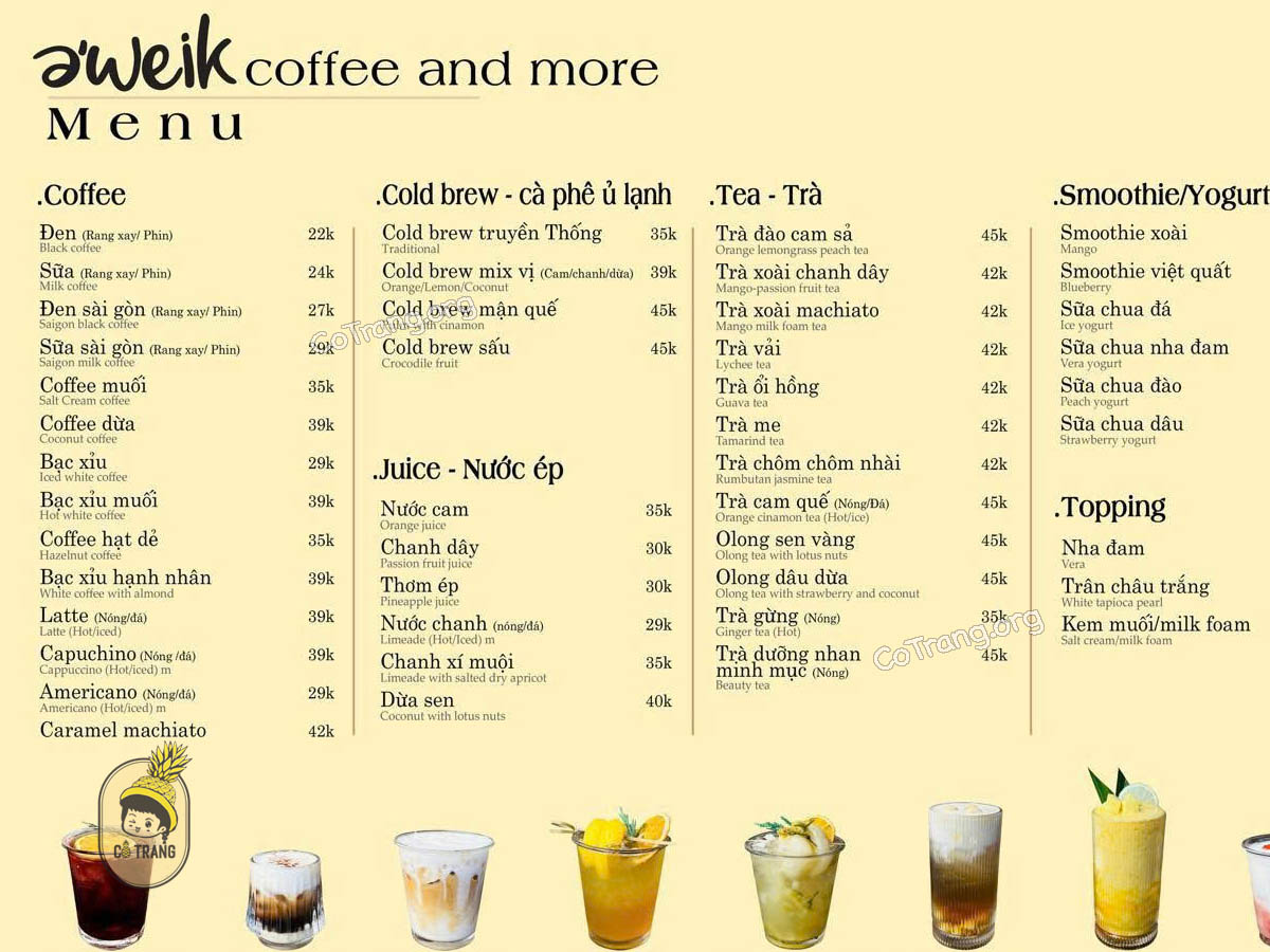 Menu tại E’weik Coffee Đà Nẵng