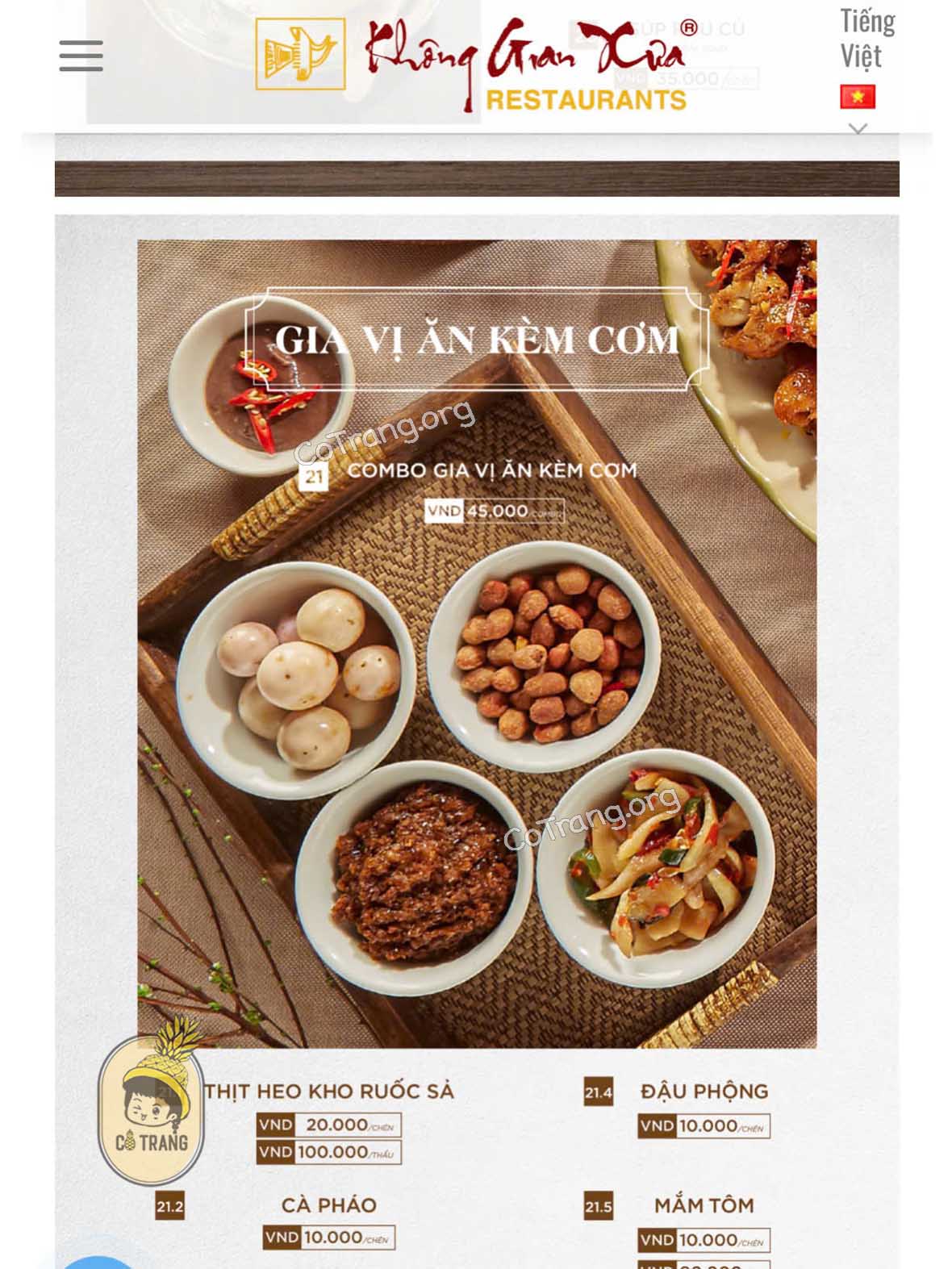 Menu tại Nhà Hàng Không Gian Xưa Huế