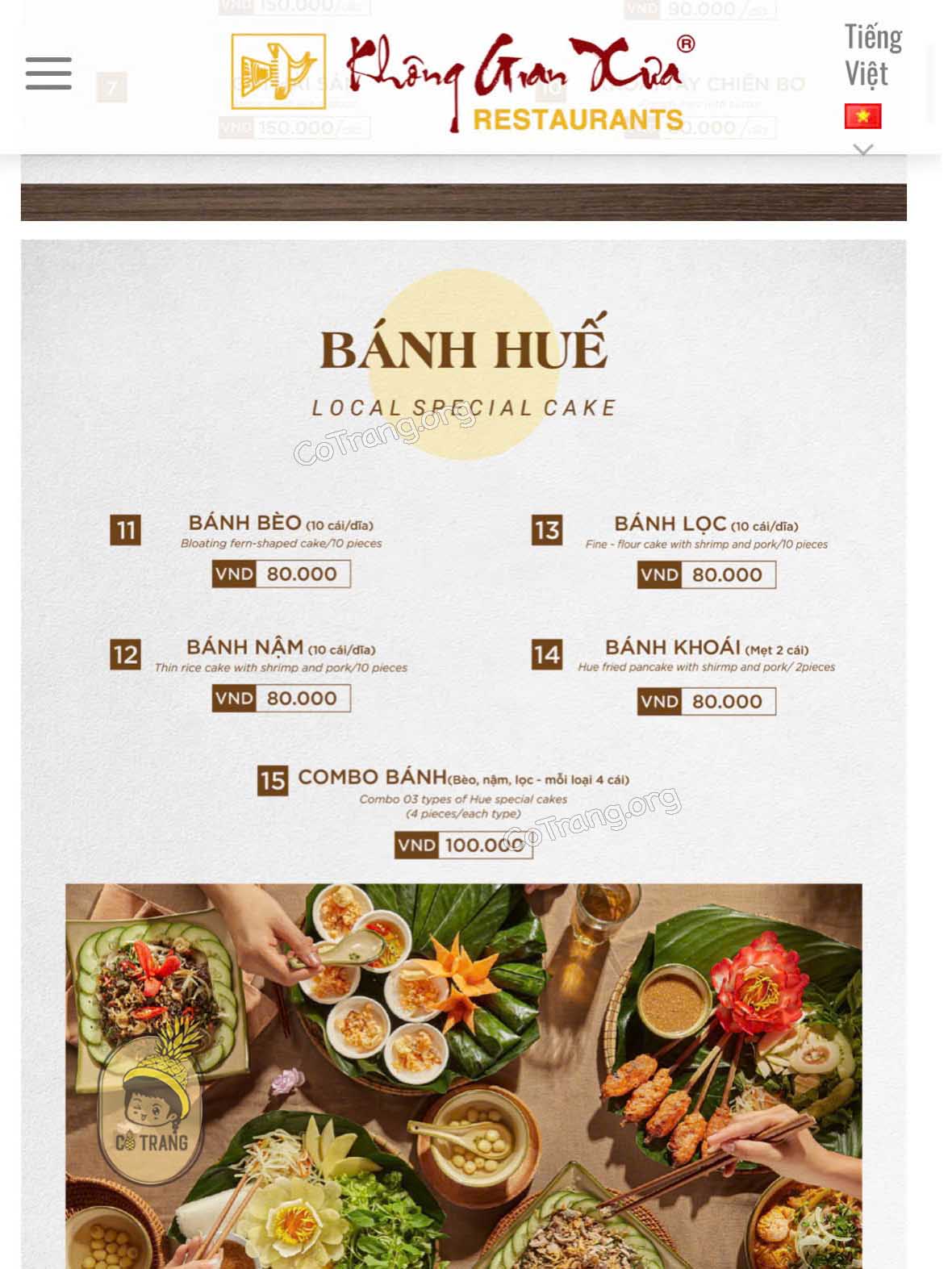 Menu tại Nhà Hàng Không Gian Xưa Huế