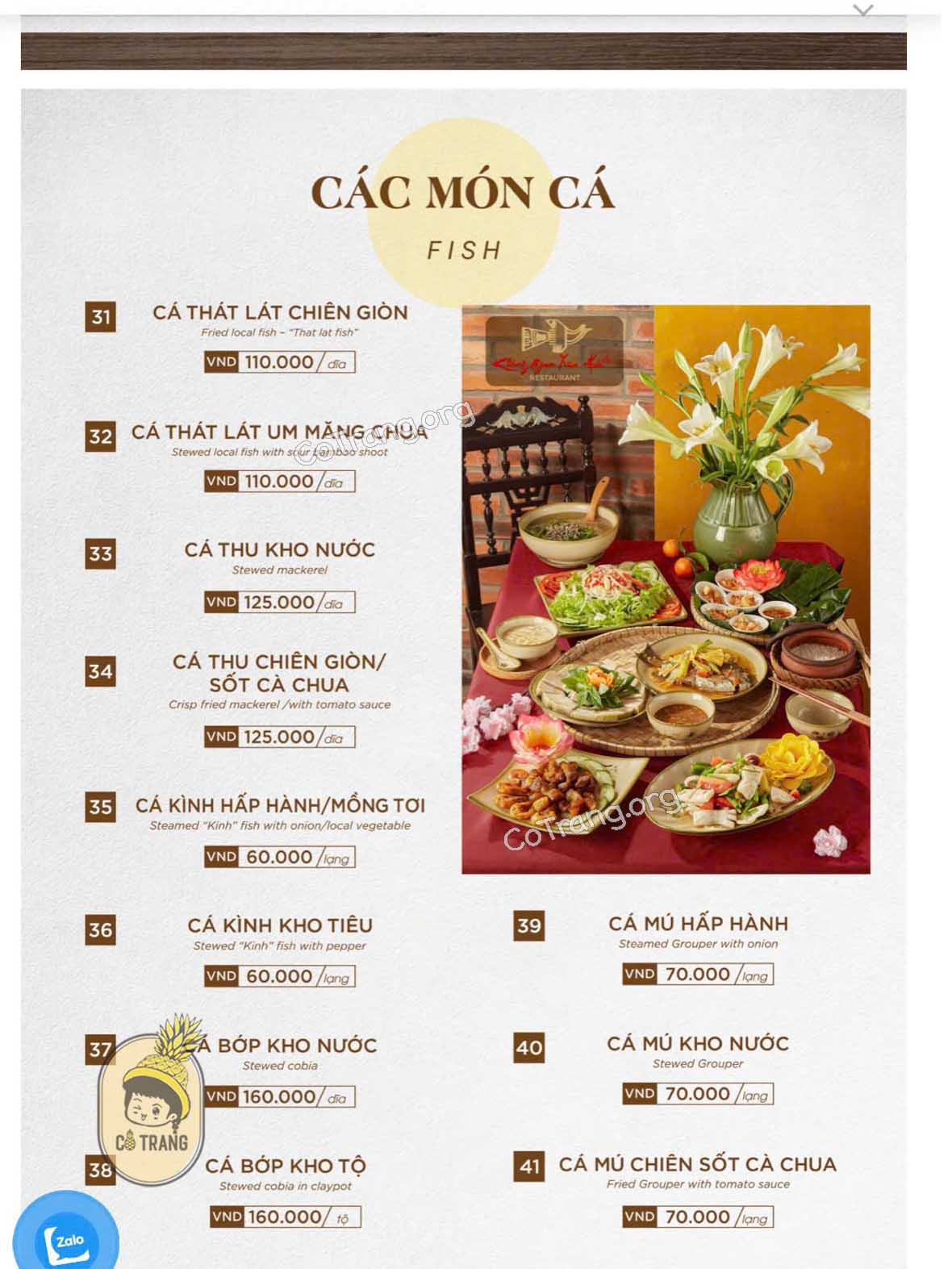 Menu tại Nhà Hàng Không Gian Xưa Huế