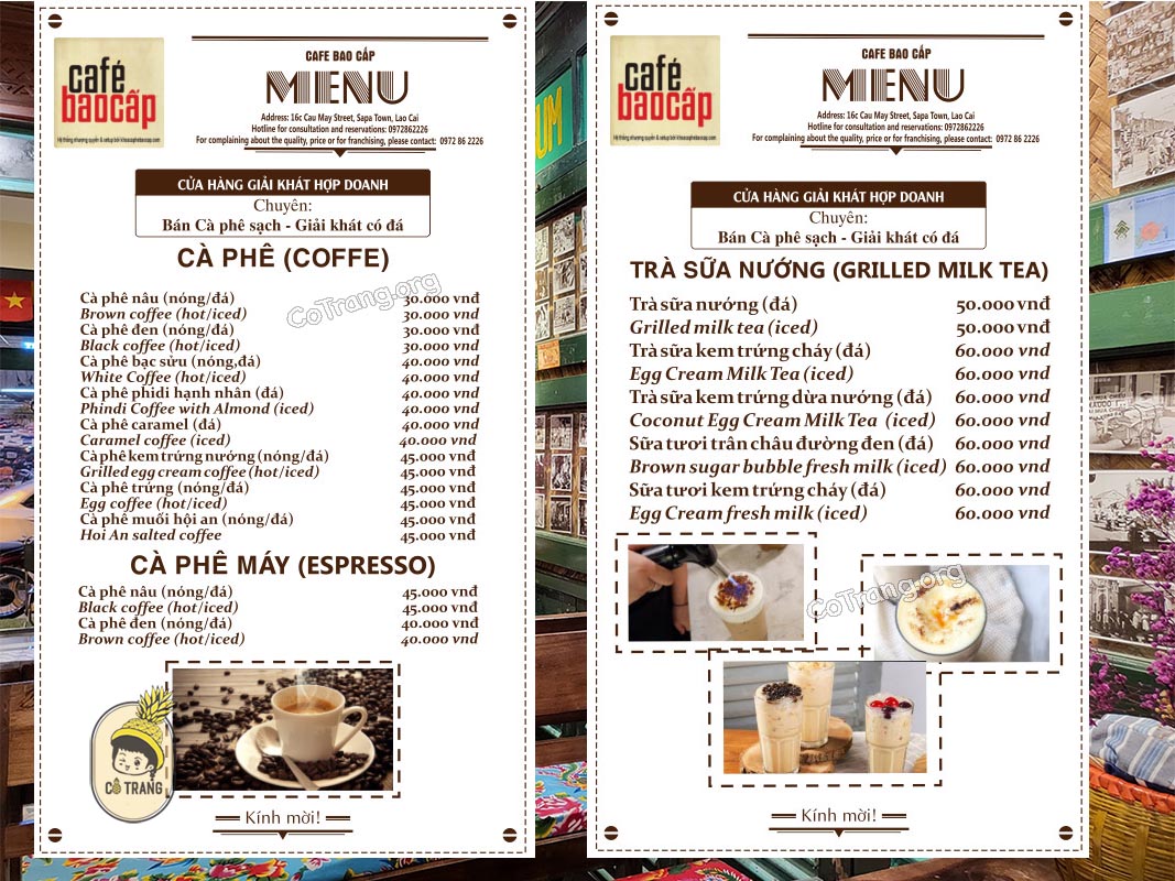 Menu tại Cà Phê Bao Cấp Sapa