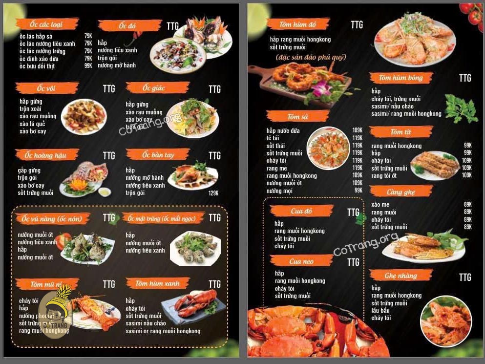 Menu tại quán Ốc Phú Quý 