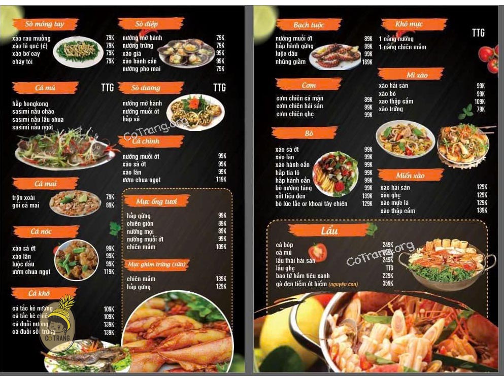 Menu tại quán Ốc Phú Quý 