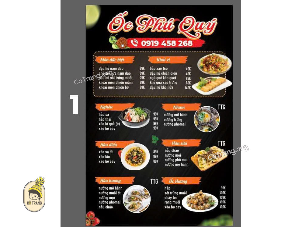 Menu tại quán Ốc Phú Quý 