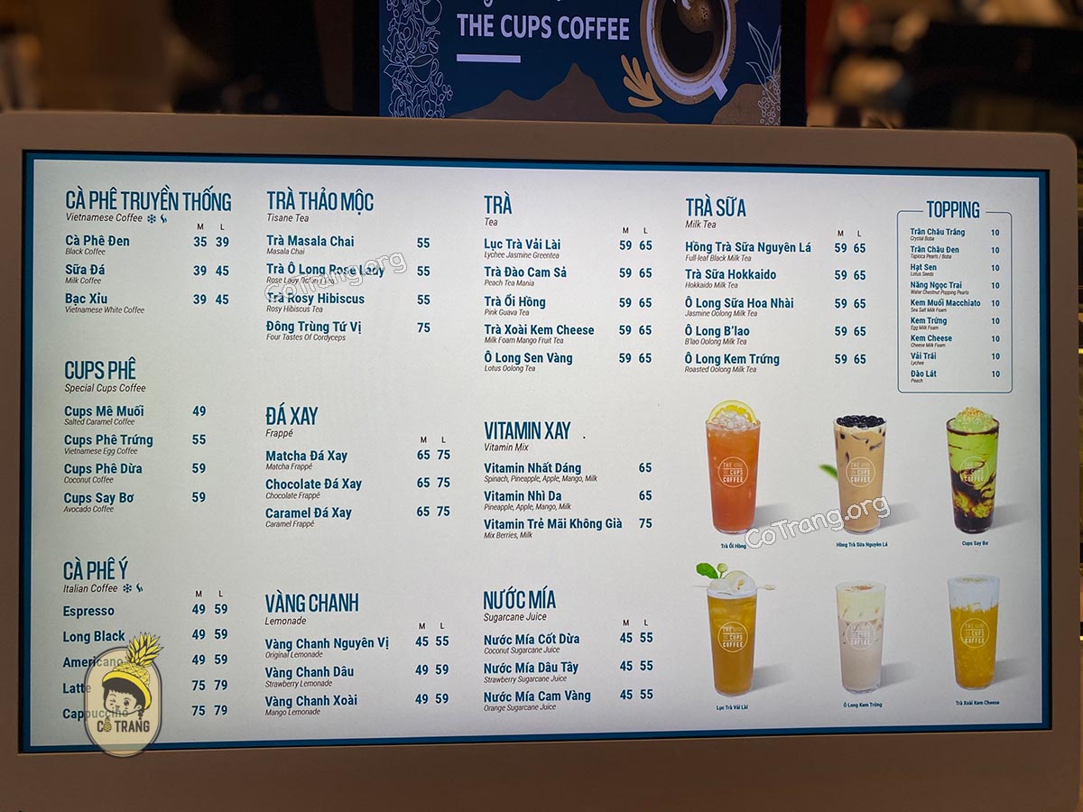 Menu tại The Cups Coffee Đà Nẵng