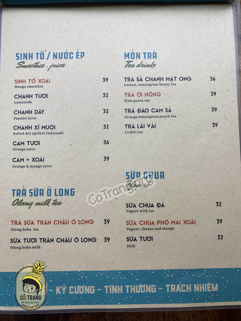 Menu tại Trình Cà Phê Đà Nẵng - Phố Đi Bộ đường Bạch Đằng
