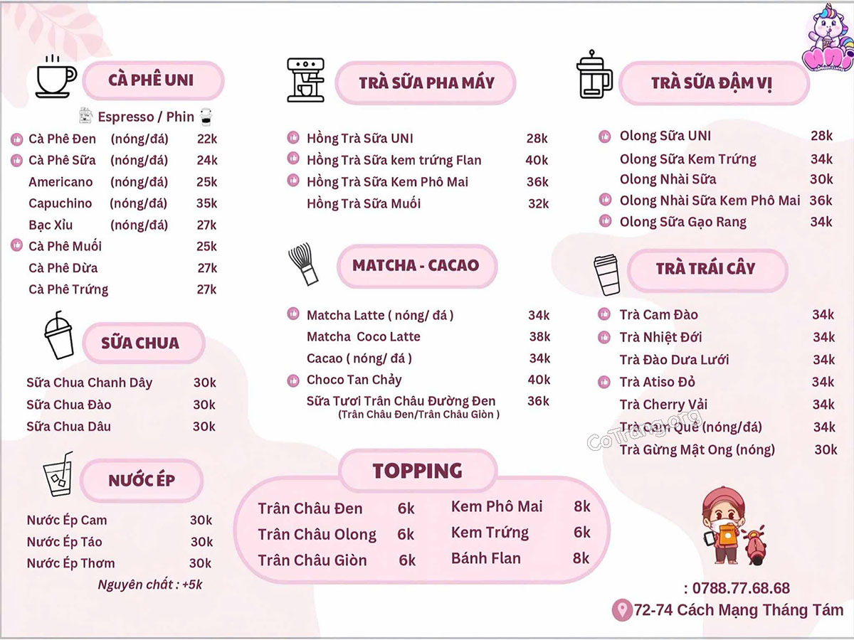 Menu tại Uni Teapresso & Coffee Quảng Ngãi 