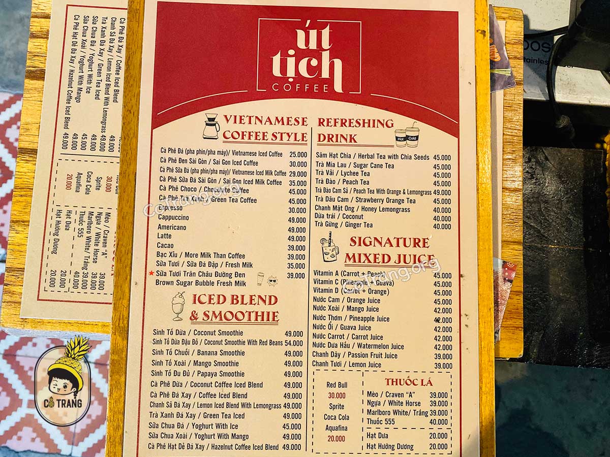 Menu tại Út Tịch Cafe - 102 Bạch Đằng, Đà Nẵng