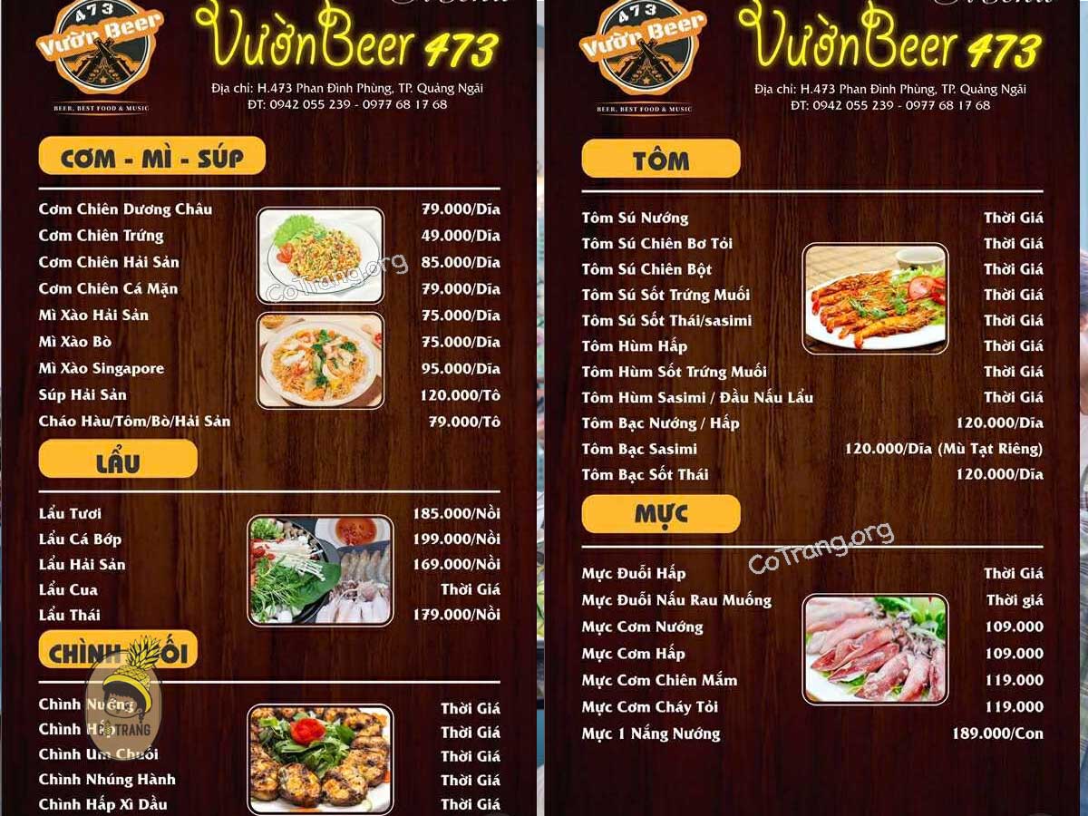 Menu tai Vườn Beer 473 Quảng Ngãi 