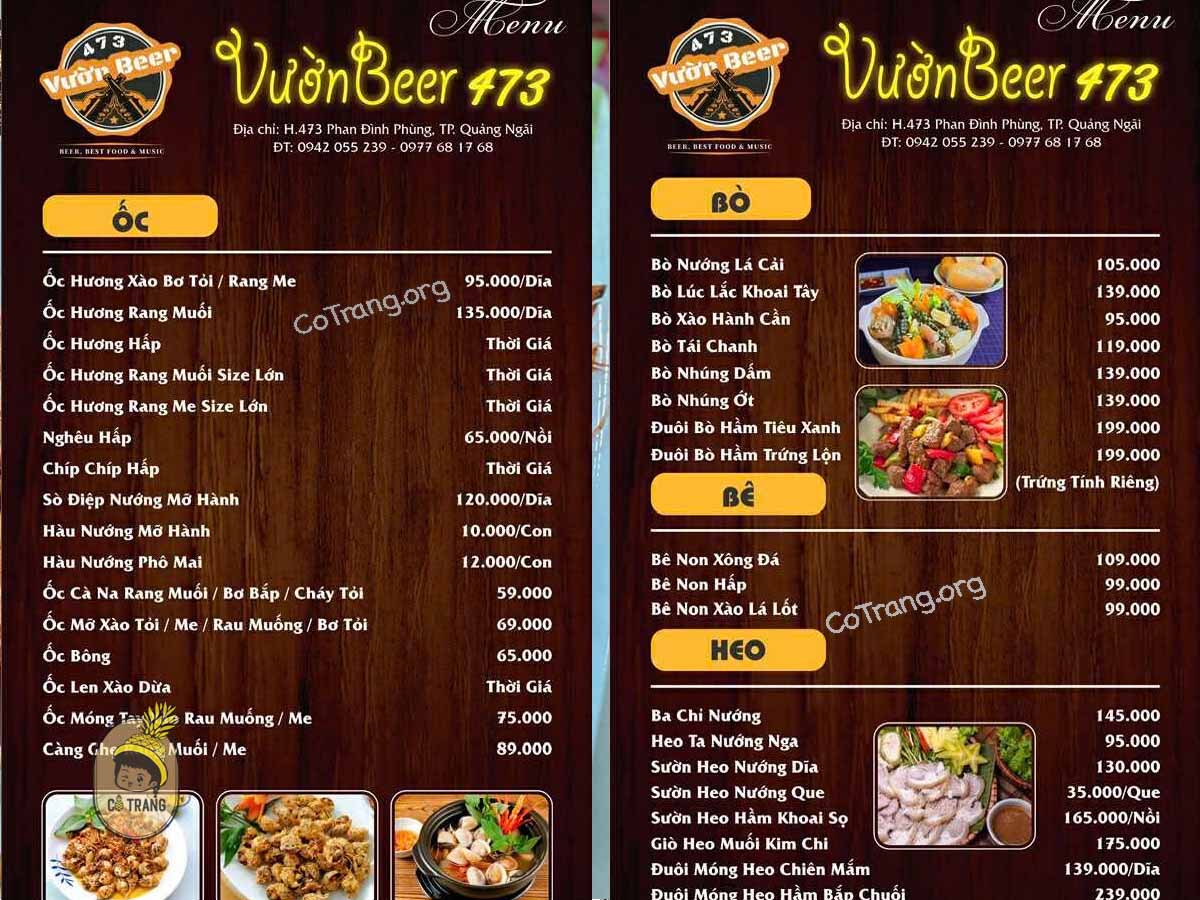 Menu tai Vườn Beer 473 Quảng Ngãi 