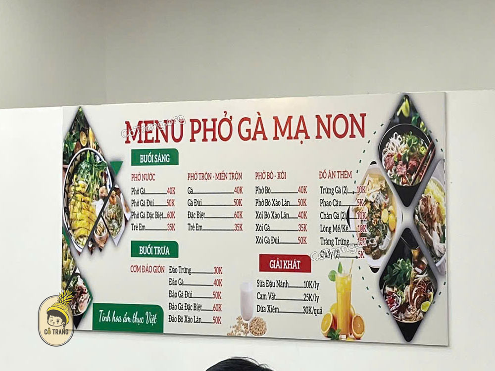 Menu tại Phở Gà Mạ Non - Đồng Hới