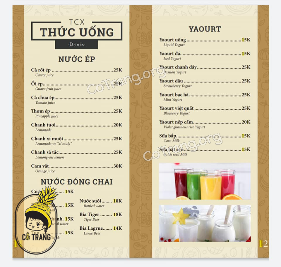 Menu Thực đơn tại Tiệm Chay Xưa