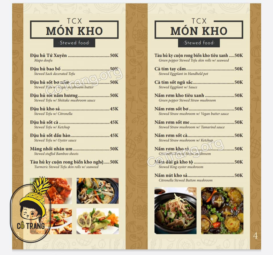 Menu Thực đơn tại Tiệm Chay Xưa