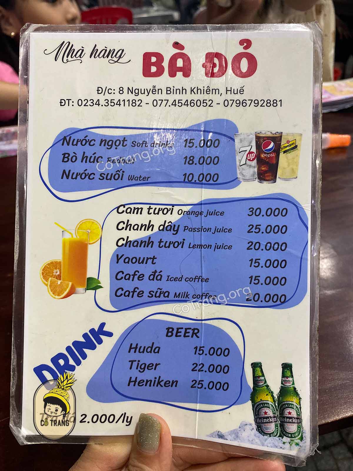 Menu tại Nhà Hàng Bà Đỏ Huế