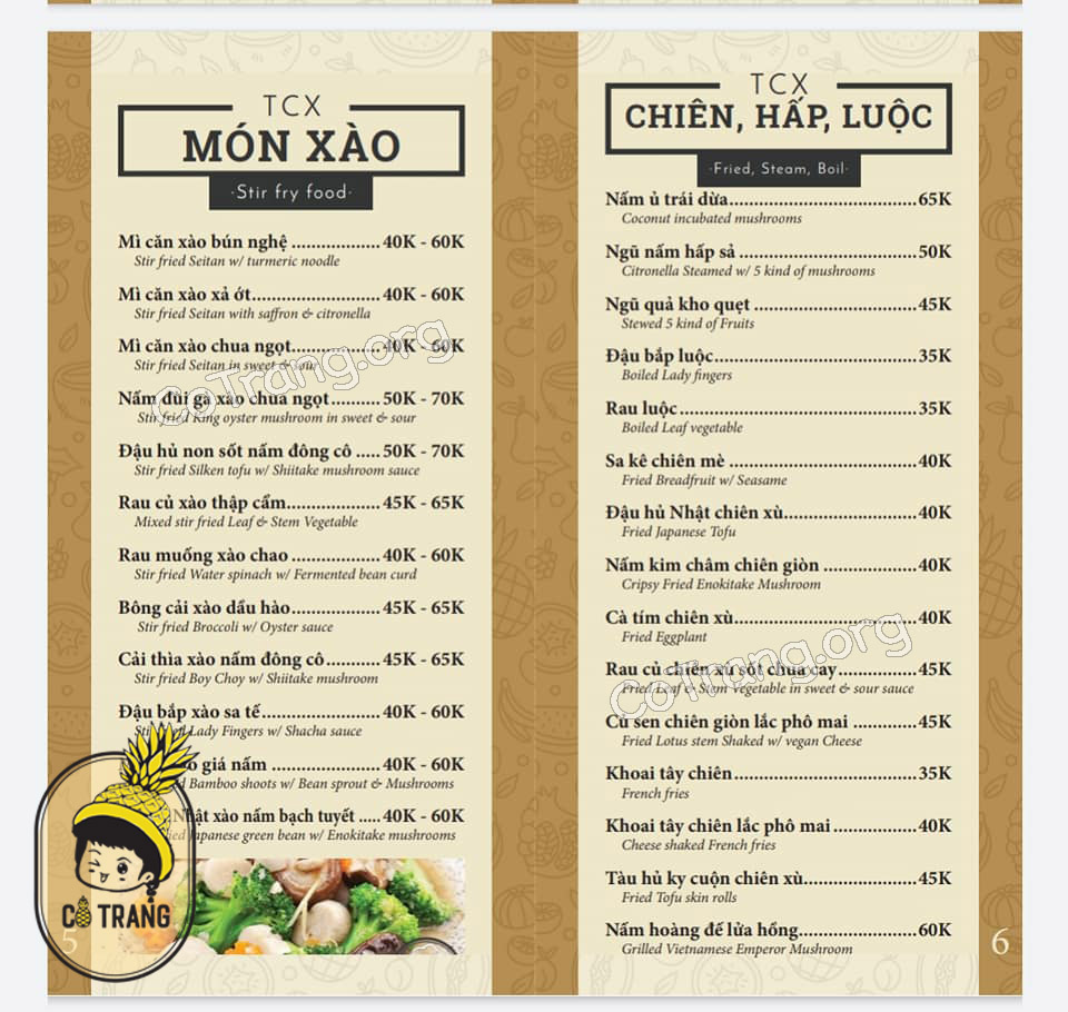 Menu Thực đơn tại Tiệm Chay Xưa
