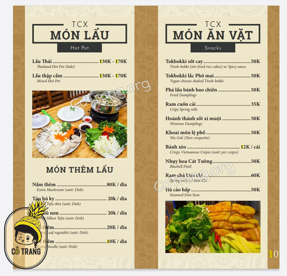Menu Thực đơn tại Tiệm Chay Xưa