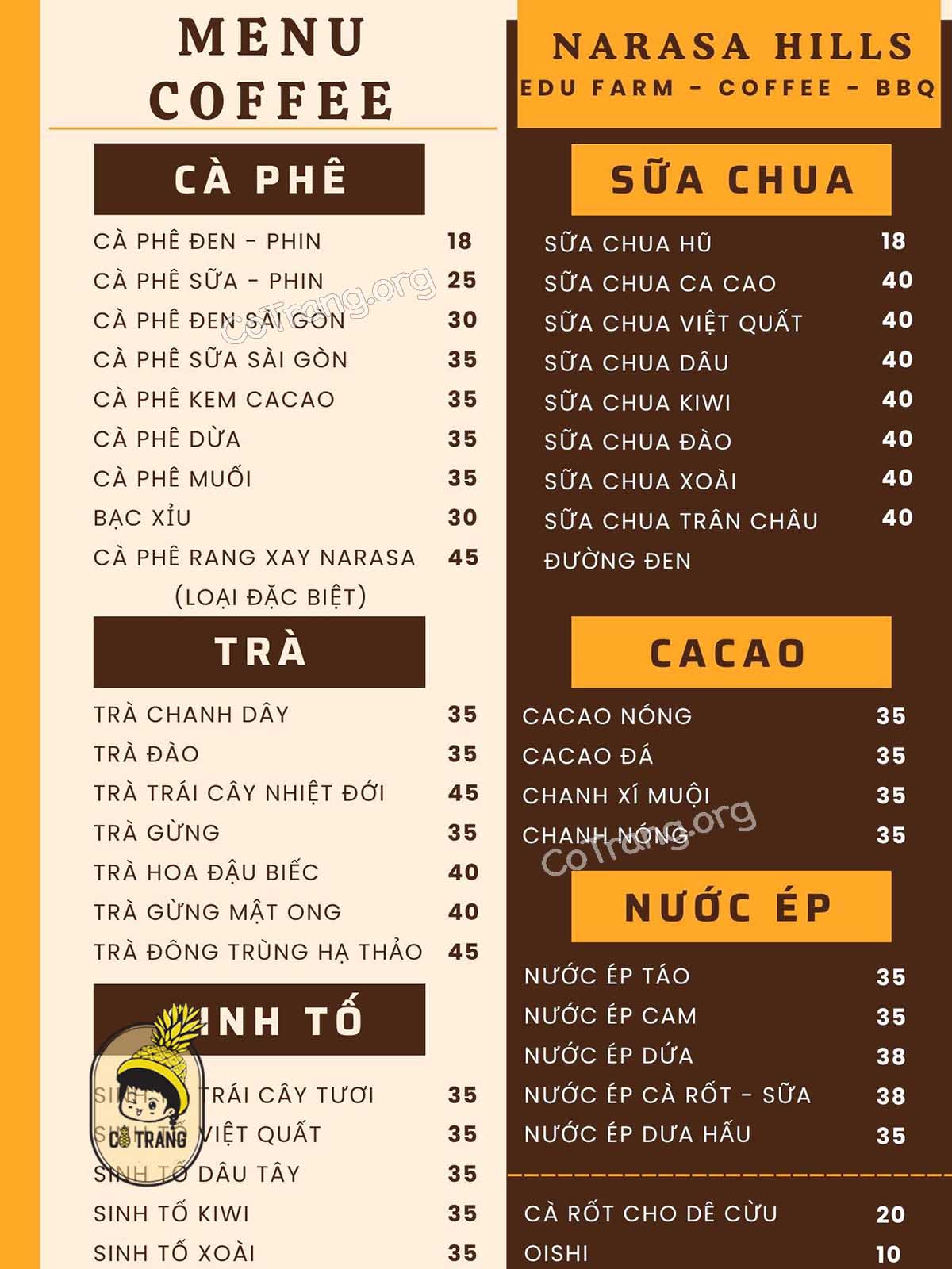 Menu tại Narasa Hills Huế