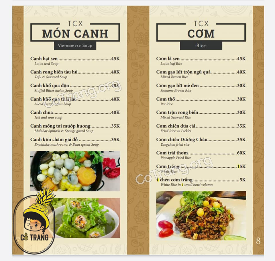 Menu Thực đơn tại Tiệm Chay Xưa