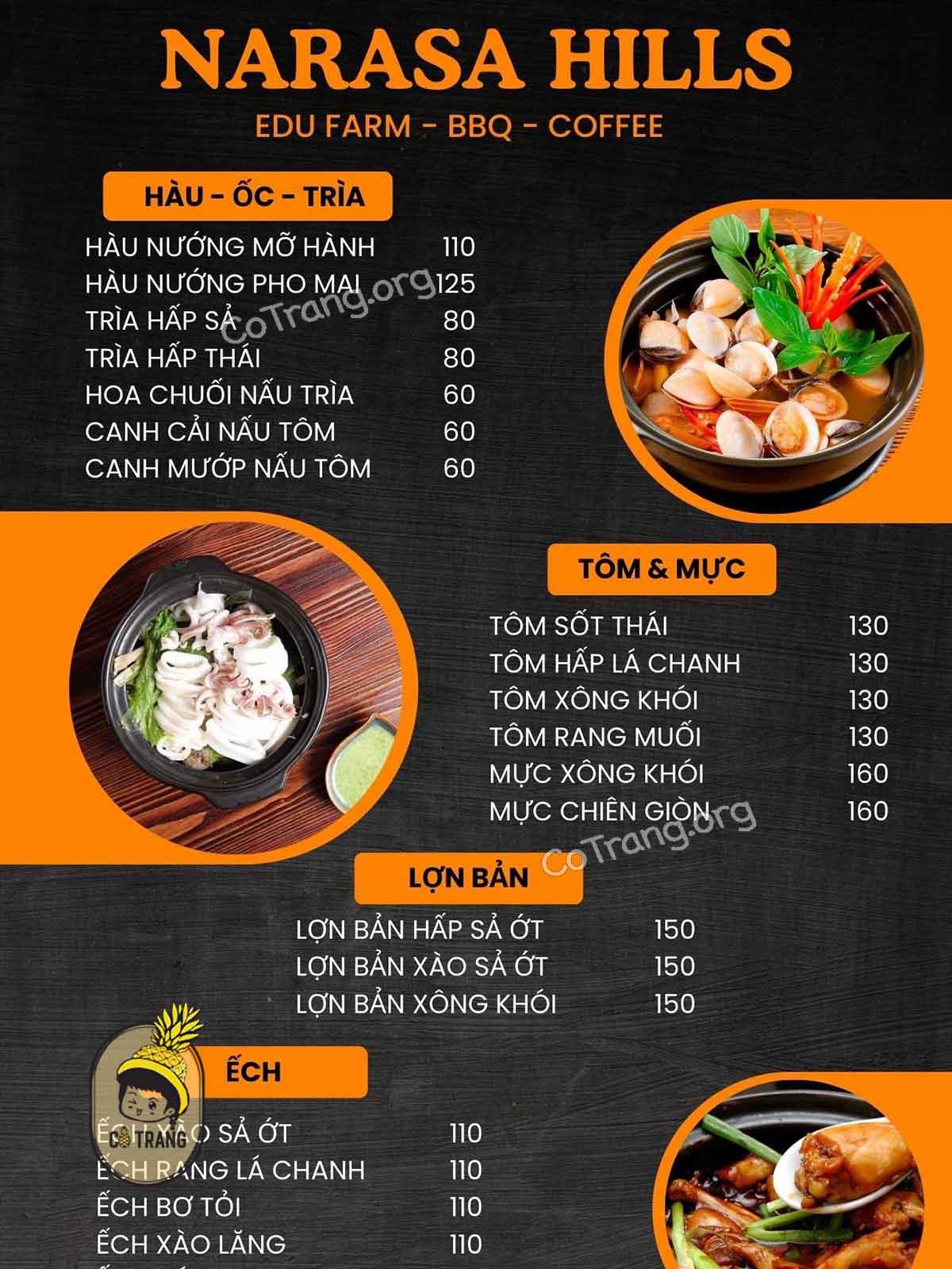 Menu tại Narasa Hills Huế