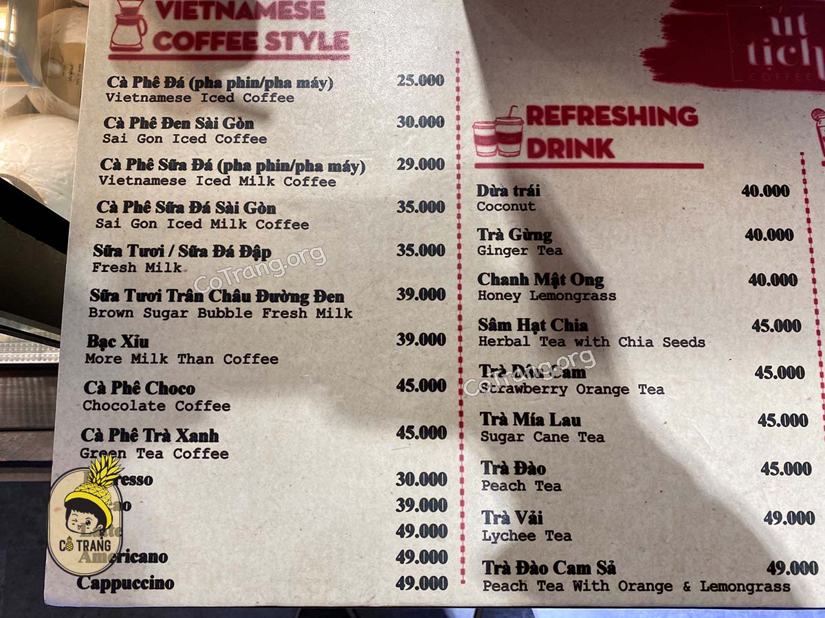 Menu Đồ uống tại Út Tịch Cafe