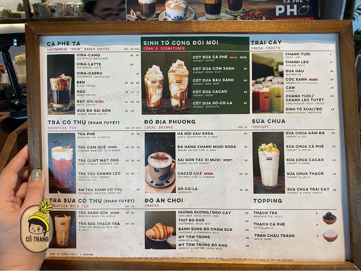 Menu thức uống tại Cộng Cafe Vinh