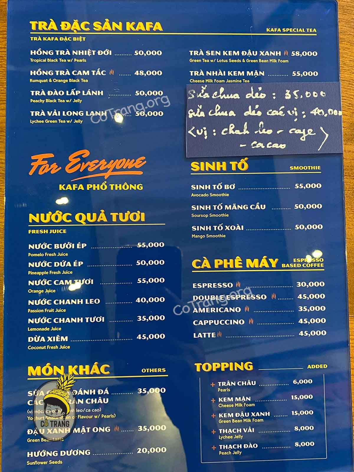 Menu Thực đơn và đồ uống thực tế tại Kafa Cafe Vinh