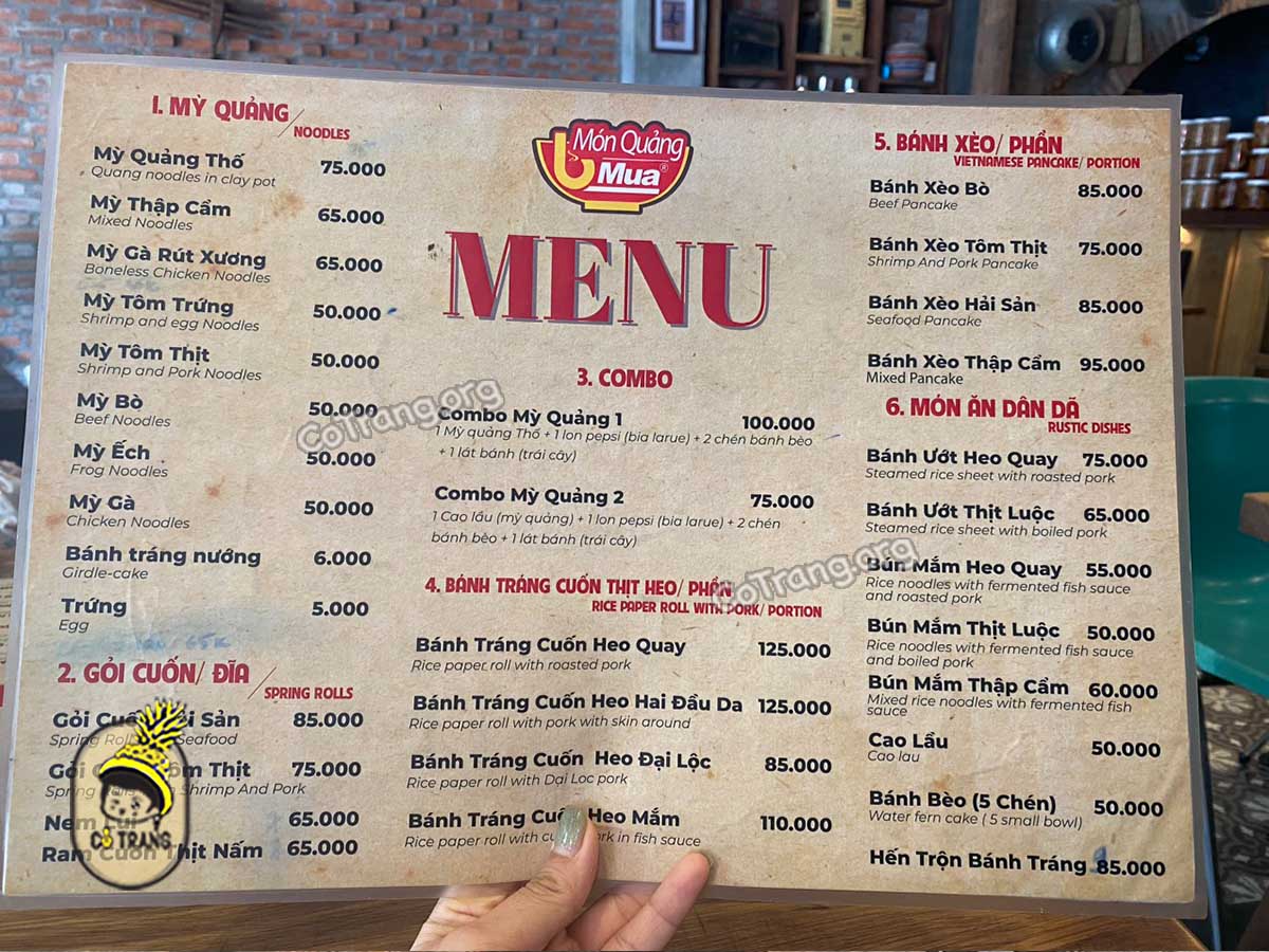 Menu Thực đơn và đồ ăn thực tế tại Mì Quảng Bà Mua Đà Nẵng