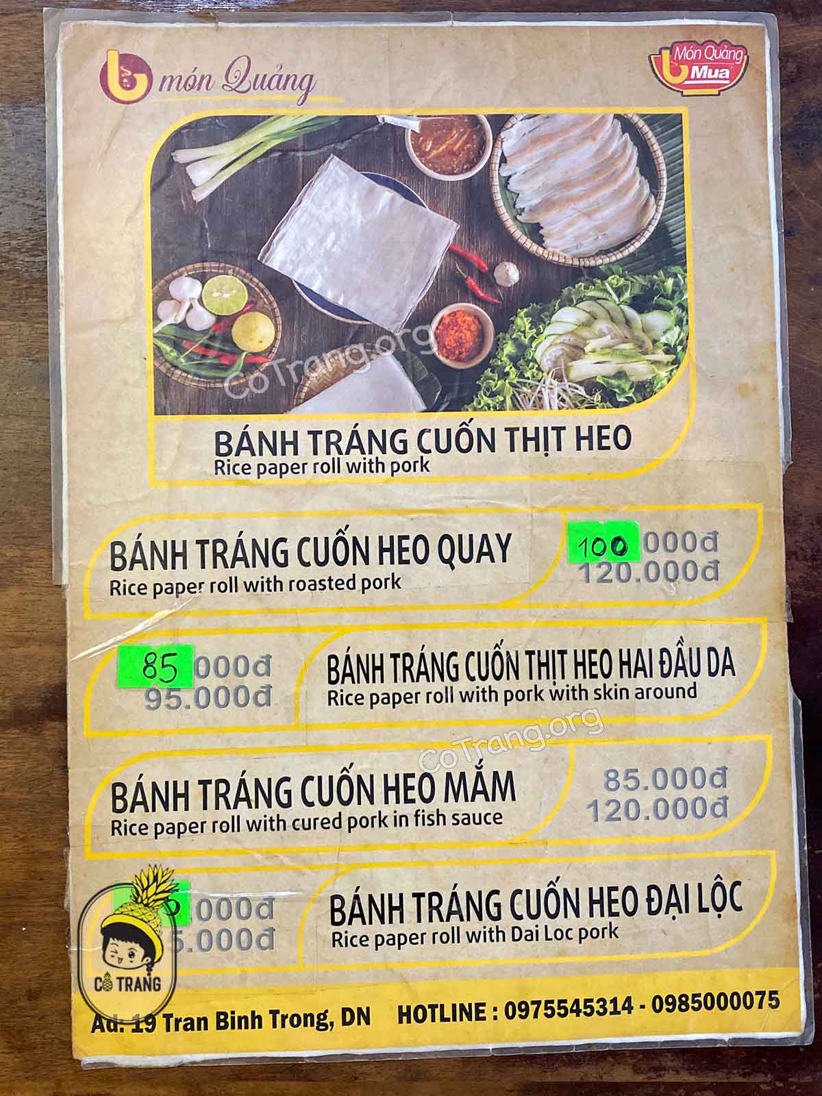 Menu Thực đơn tại Mỳ Quảng Bà Mua Đà Nẵng