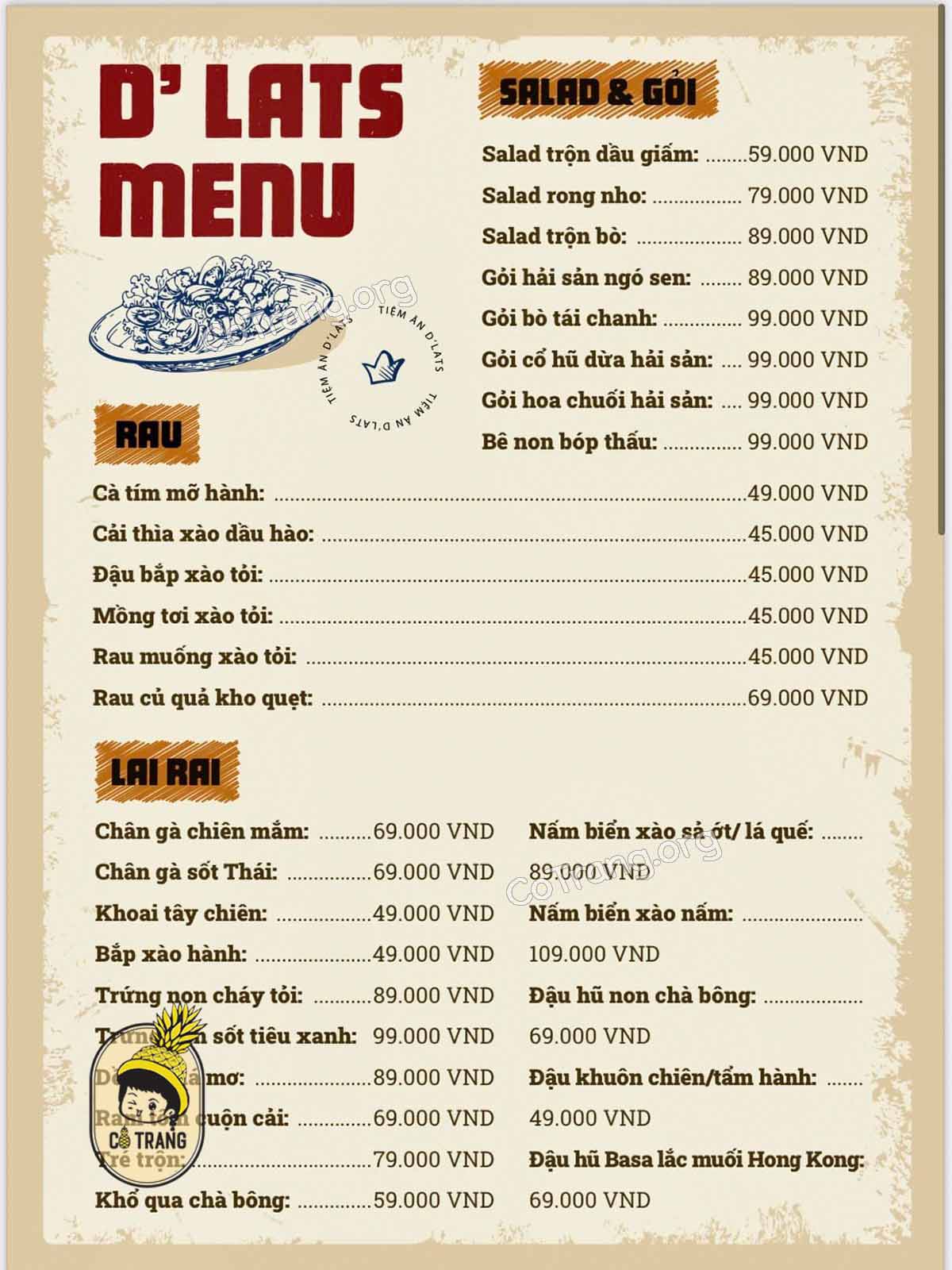 Menu thực đơn và đồ ăn tại Tiệm Ăn D'Lats Đà Nẵng