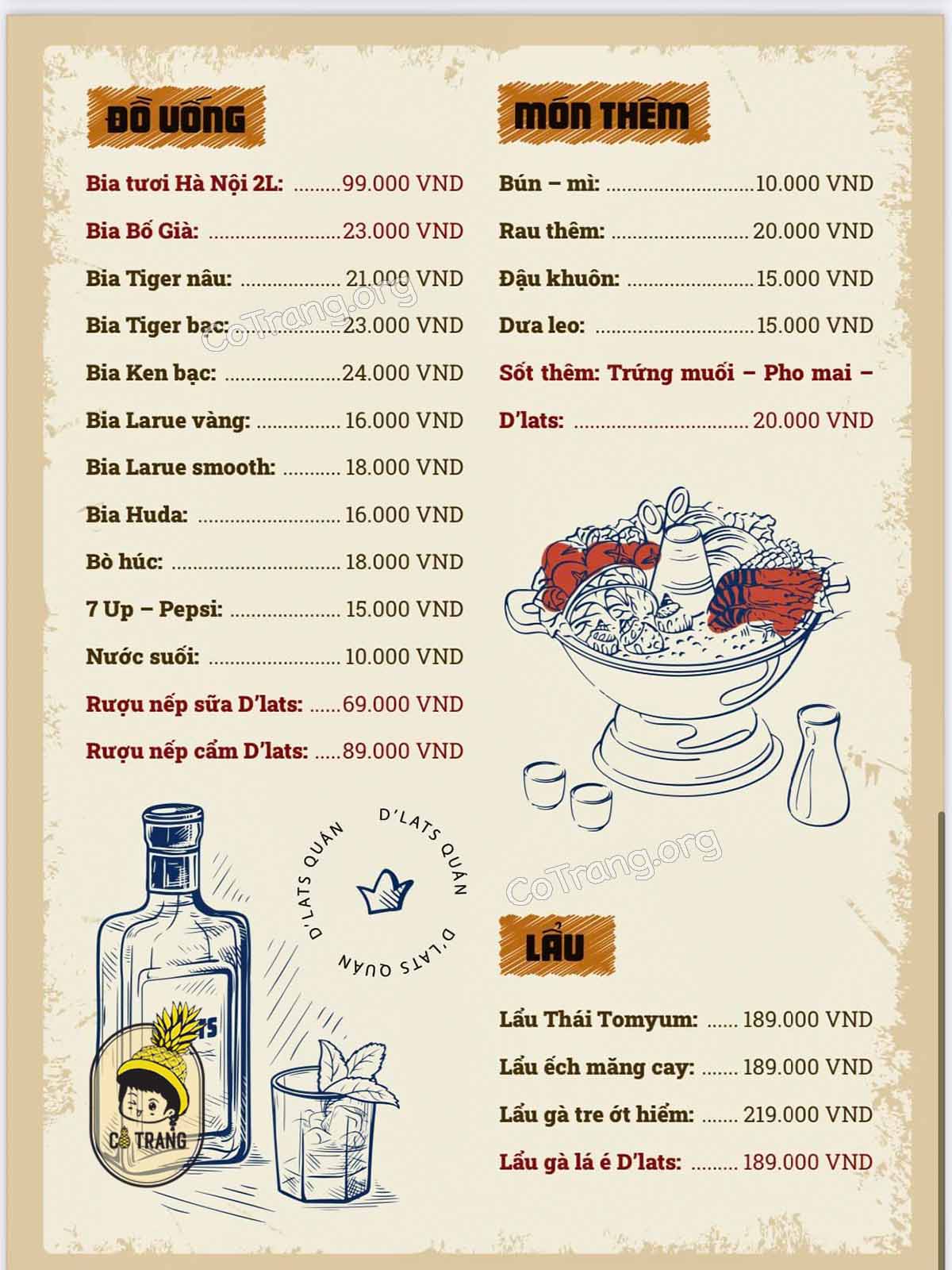 Menu thực đơn và đồ ăn tại Tiệm Ăn D'Lats Đà Nẵng