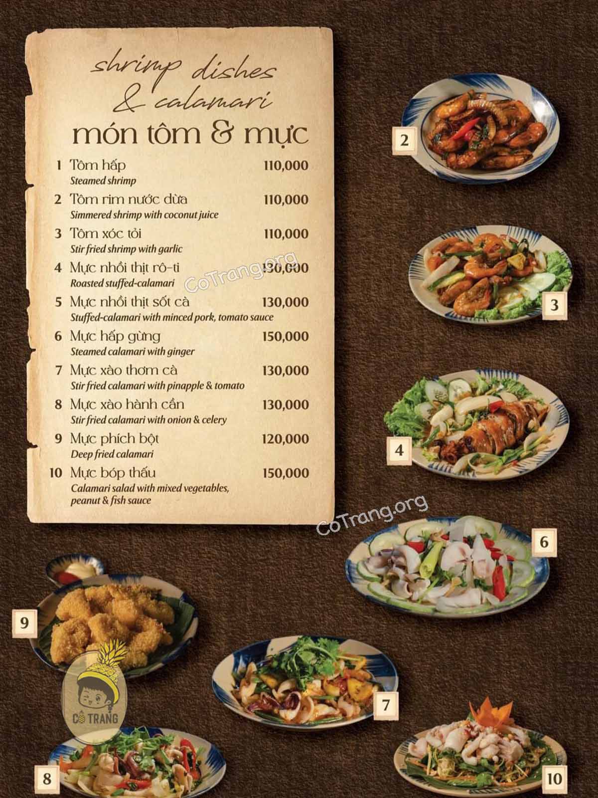 Menu món ăn tại Cơm niêu Chạn Huế