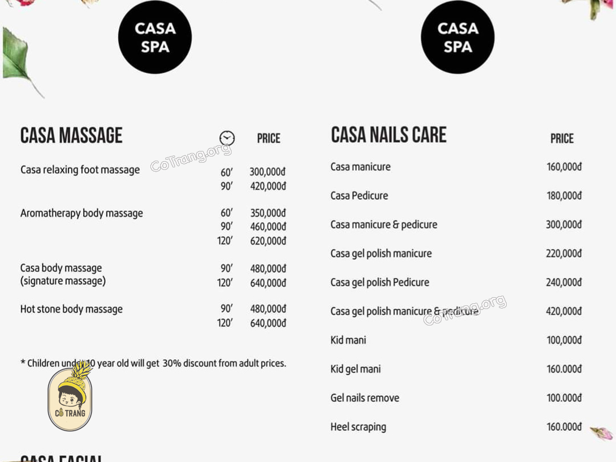 Bảng giá dịch vụ và không gian thực tế tại Casa Spa 