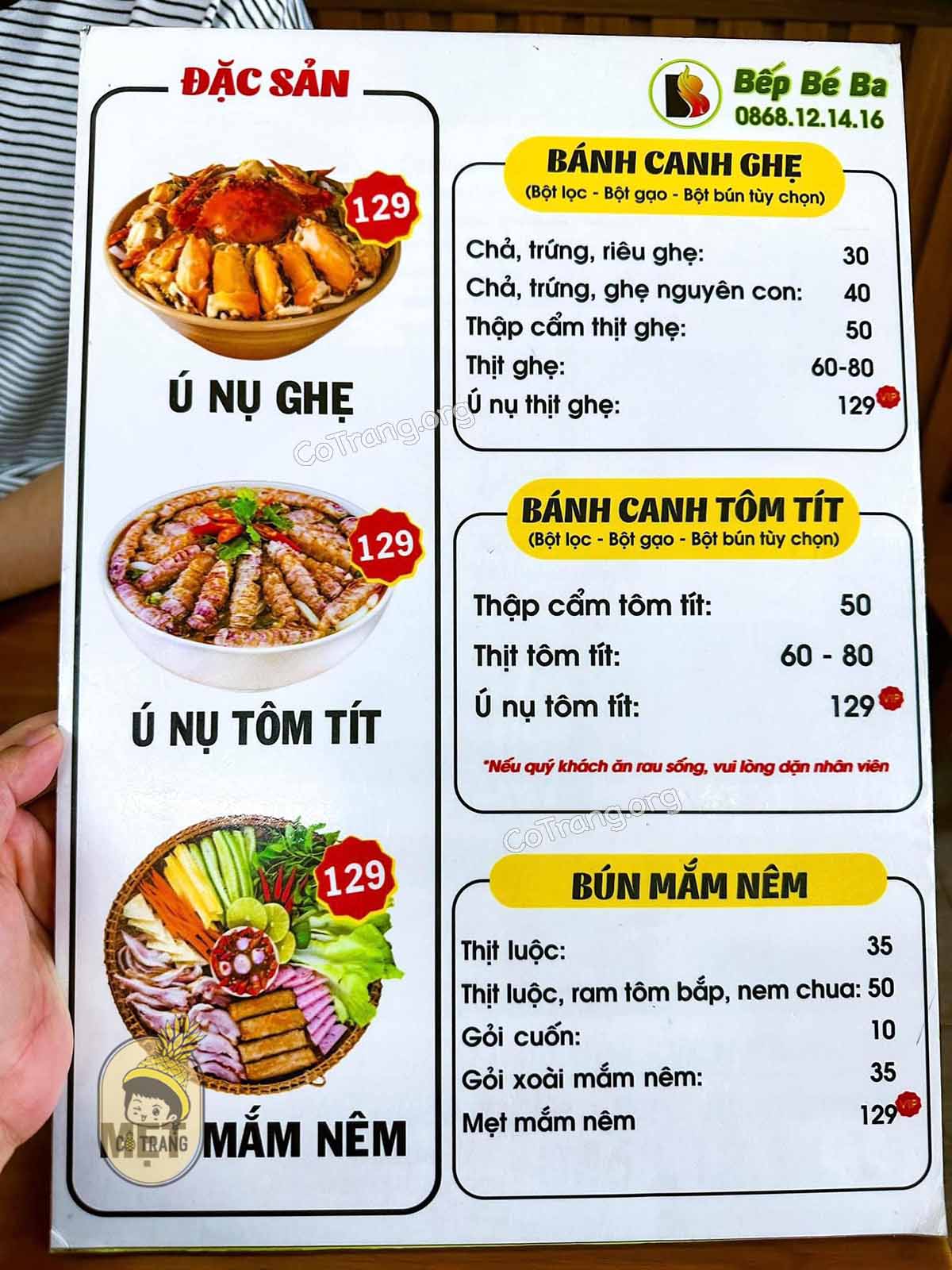 Menu món ăn tại Bếp Bé Ba Nha Trang