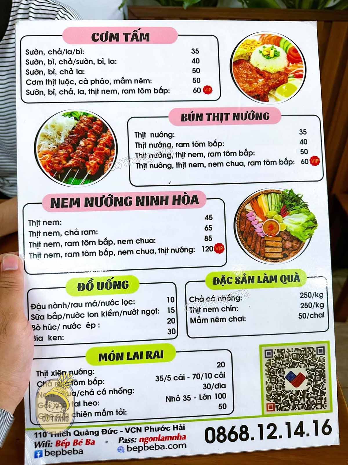 Menu món ăn tại Bếp Bé Ba Nha Trang