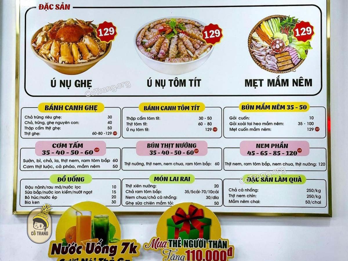Menu món ăn tại Bếp Bé Ba Nha Trang