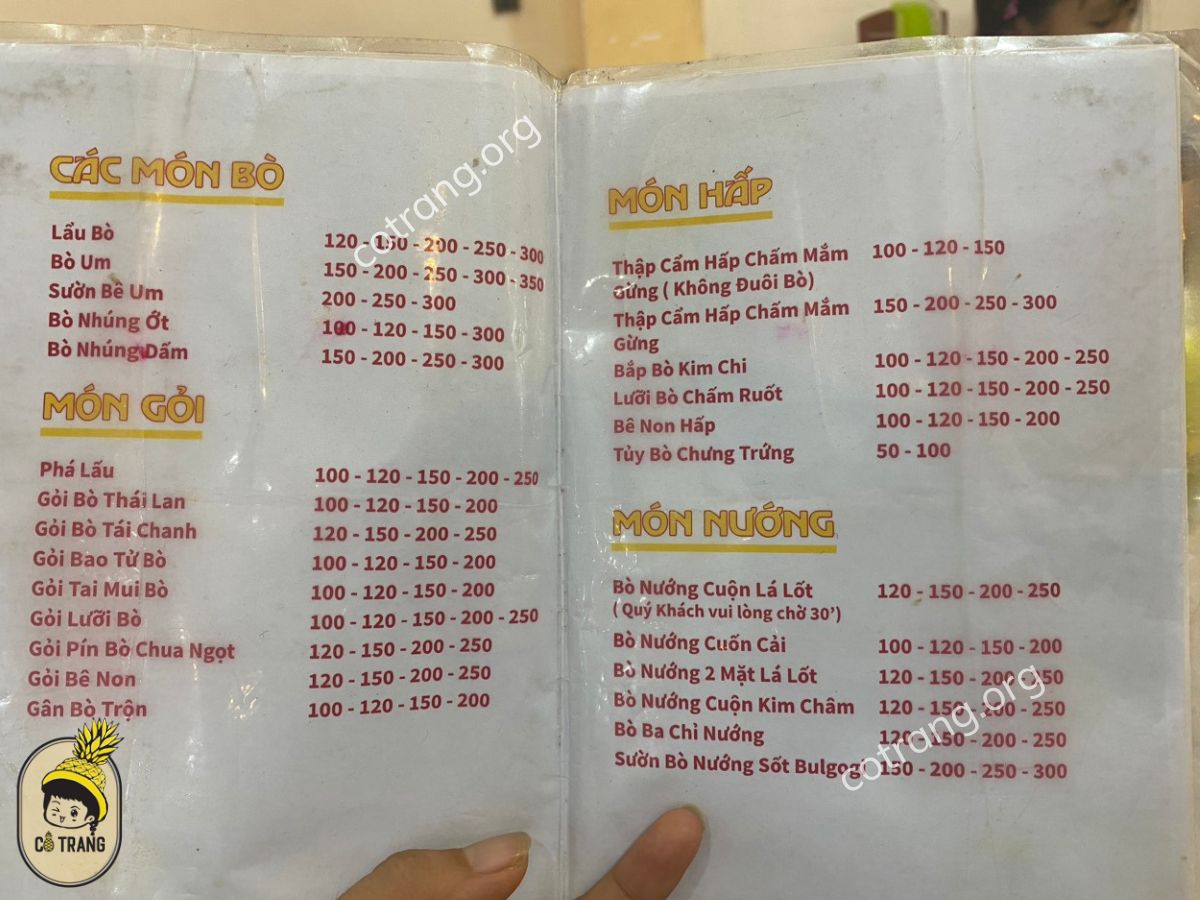 Menu Lẩu Bò Học Đà Nẵng