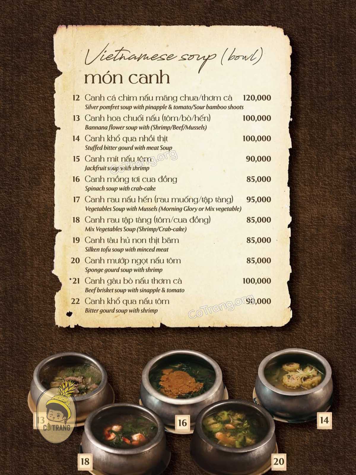 Menu món ăn tại Cơm niêu Chạn Huế