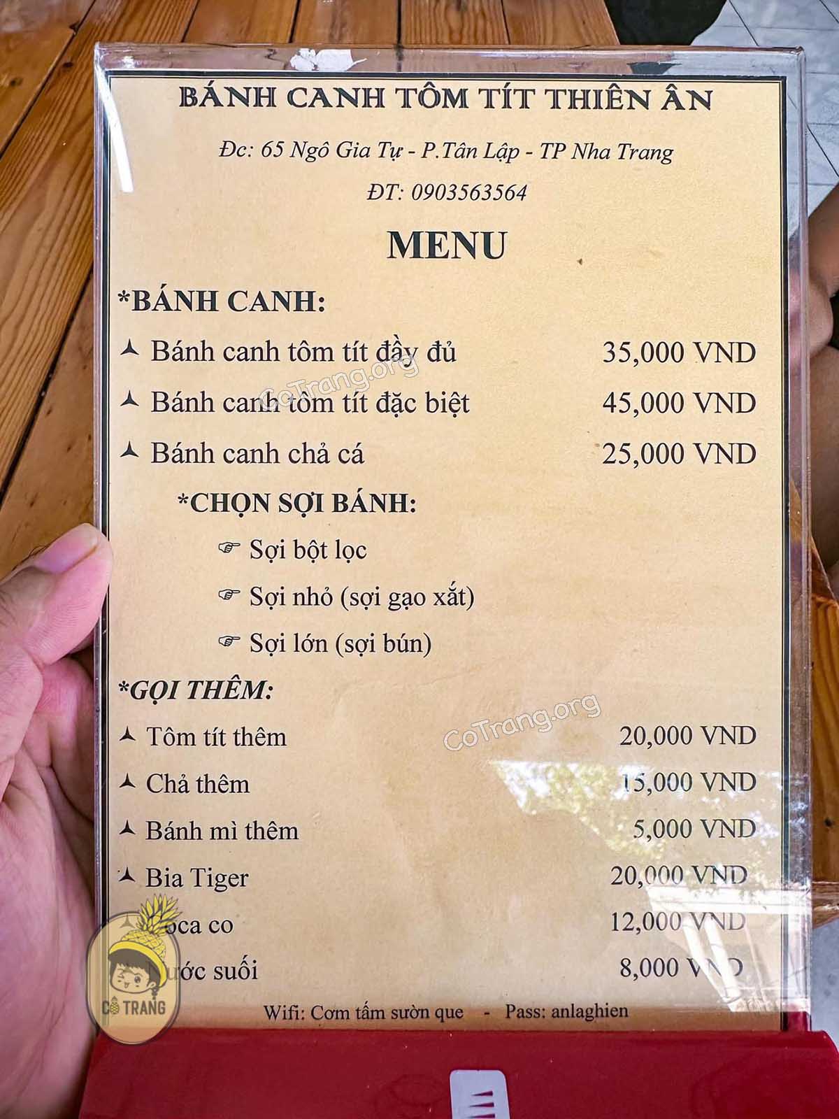 Menu món ăn tại Bánh Canh Tôm Tít Thiên Ân Nha Trang