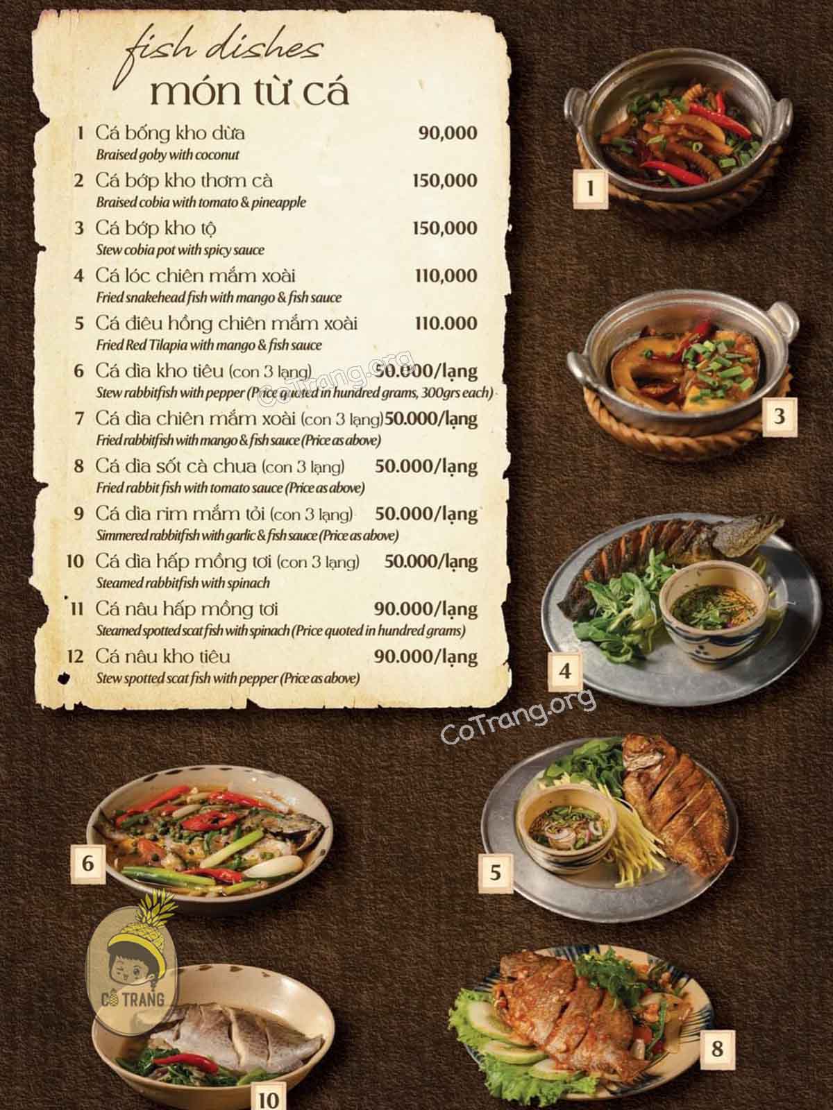 Menu món ăn tại Cơm niêu Chạn Huế
