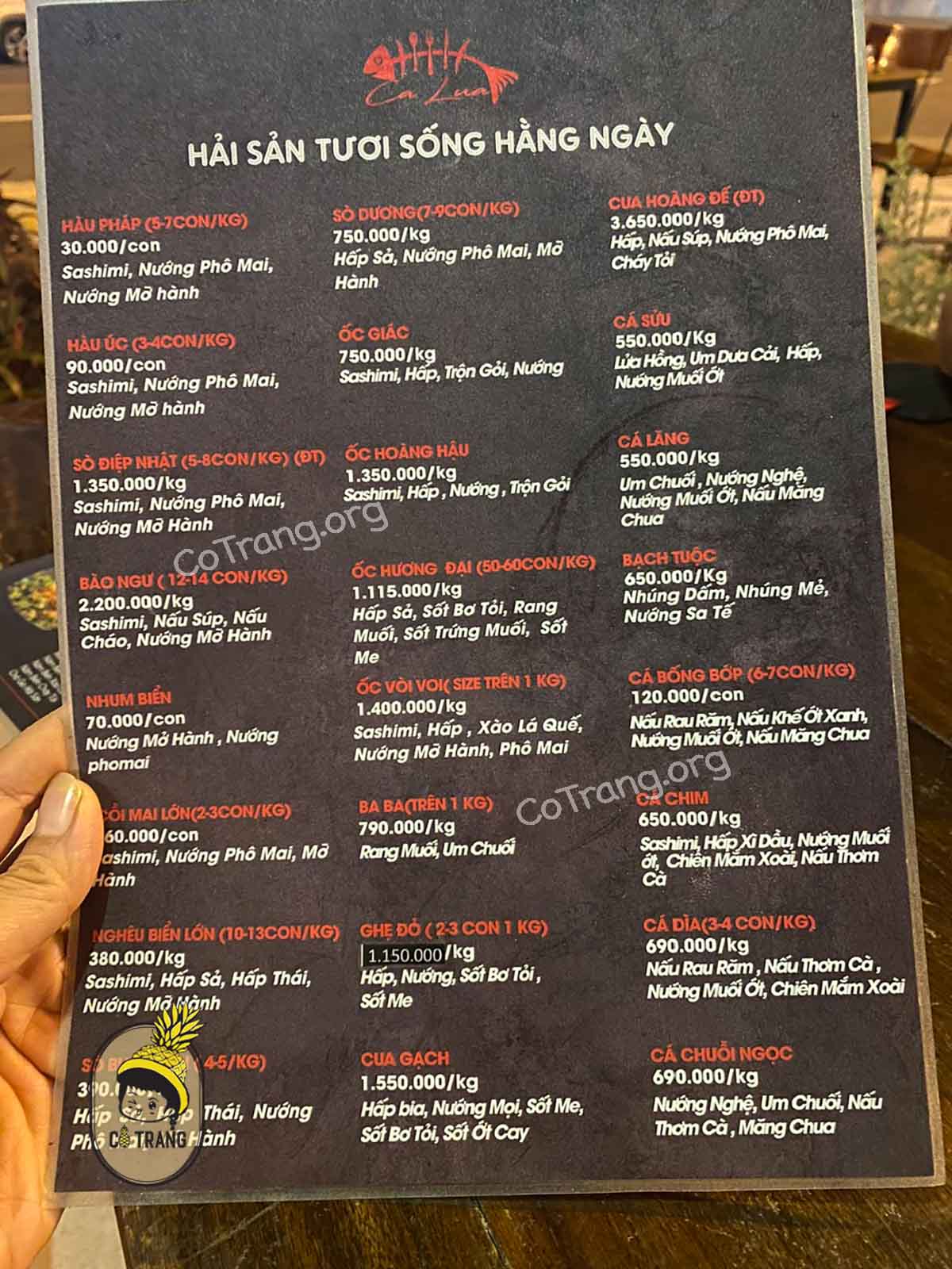 Menu thực đơn tại Nhà hàng Cá Lửa Đà Nẵng
