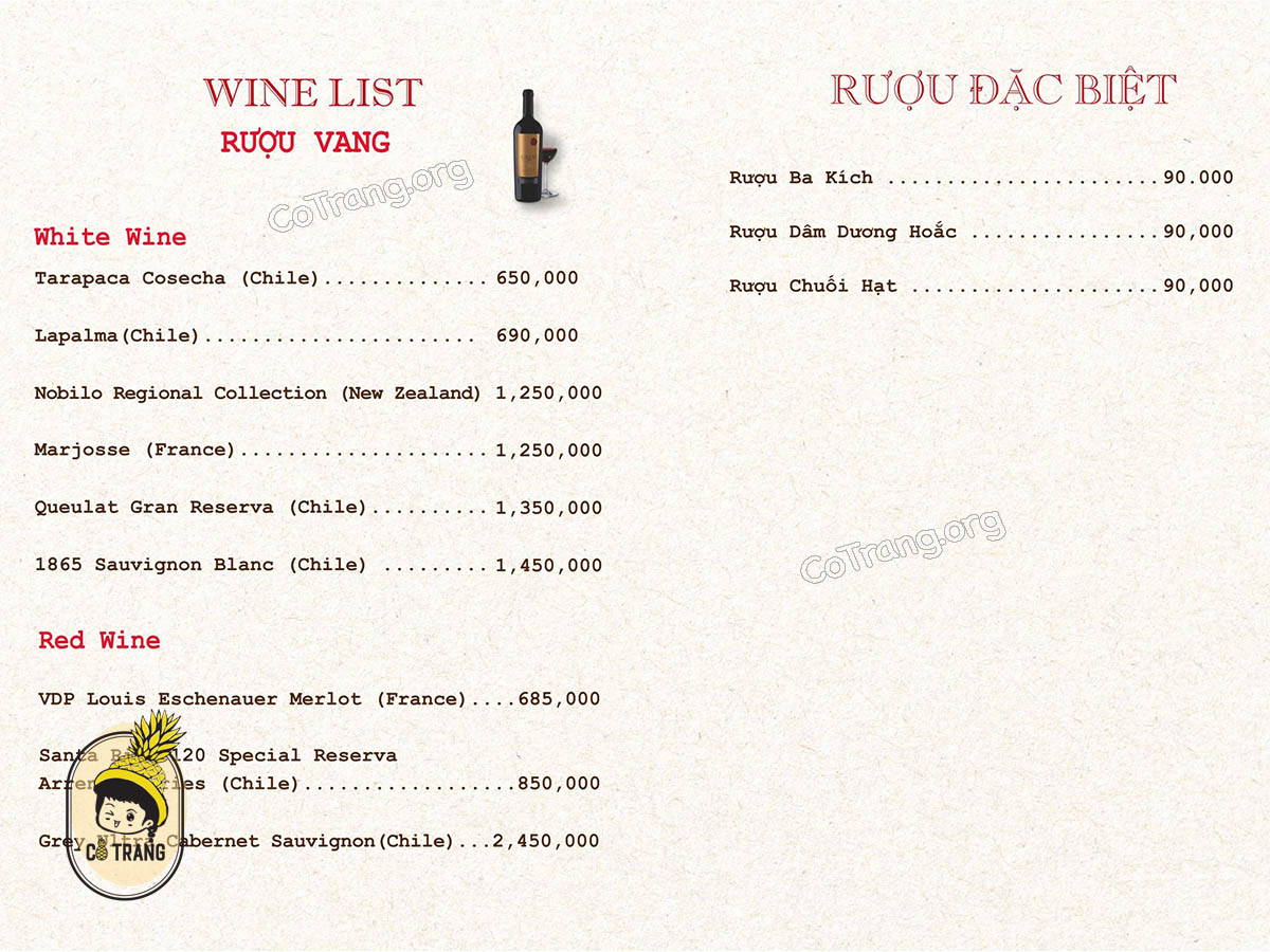 Menu thực đơn tại Nhà Hàng Hải Sản Ngọc Hương, Đà Nẵng 