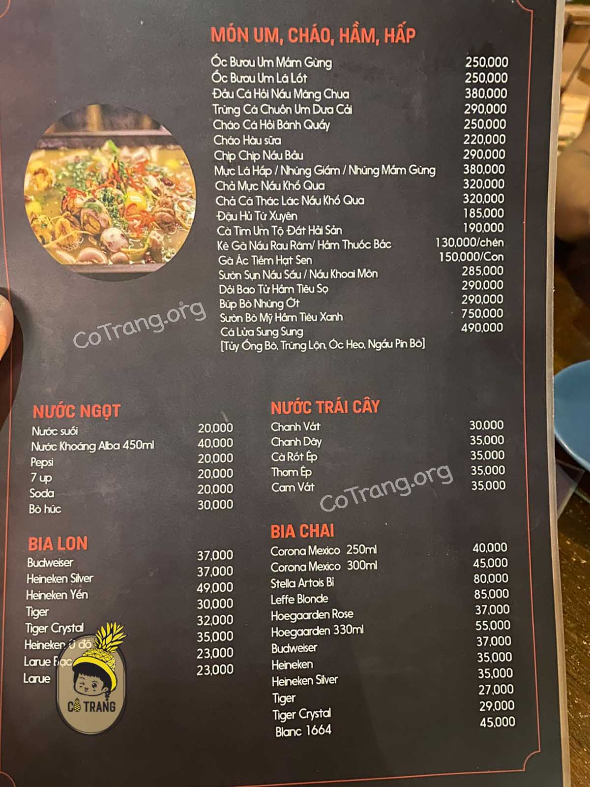 Menu thực đơn tại Nhà hàng Cá Lửa Đà Nẵng