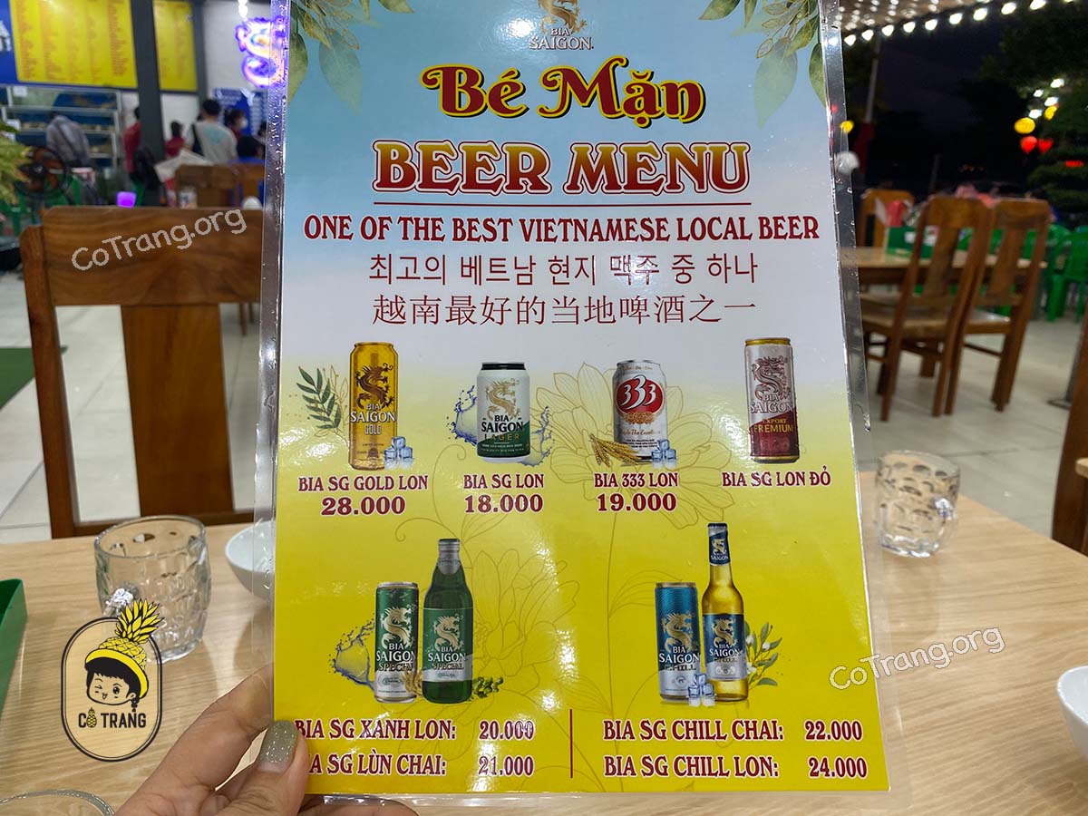 Menu thực đơn tại Hải Sản Bé Mặn Đà Nẵng